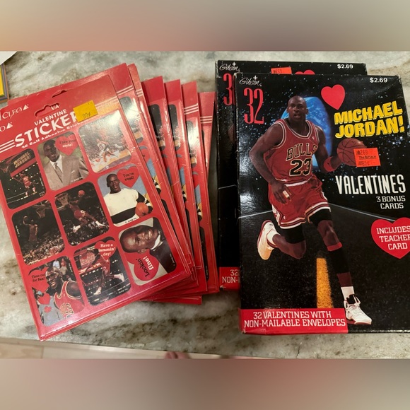1990s Orig Packaging Michael Jordan (2) Valentine’s Day Cards and (9) Stickers